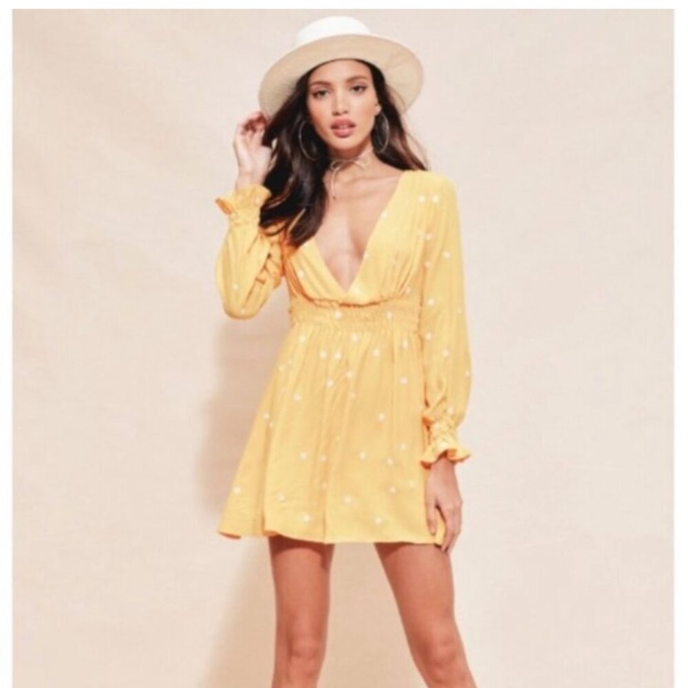 For Love & Lemons Chiquita Embroidered Crepe Yoke Mini Dress in Yellow